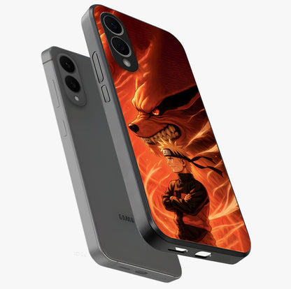 Nine Tails Legacy Glass Case displayed in angled mockup highlighting dynamic anime beast illustration with bold mystical aesthetic.