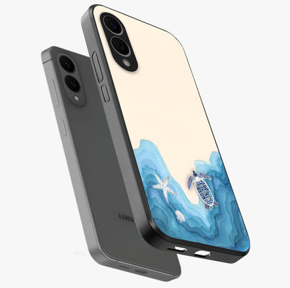 Ocean Drift Turtle Glass Case displayed in angled mockup highlighting peaceful ocean turtle illustration with marine aesthetic.