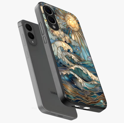 Oceanic Stained Printed Glass Case displayed in angled mockup highlighting colorful aquatic design with artistic aesthetic style.