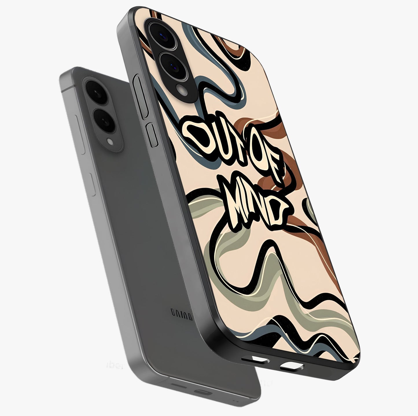Out Of Mind Glass Case displayed in angled mockup highlighting bold statement design with modern artistic aesthetic.