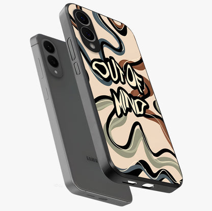 Out Of Mind Glass Case displayed in angled mockup highlighting bold statement design with modern artistic aesthetic.