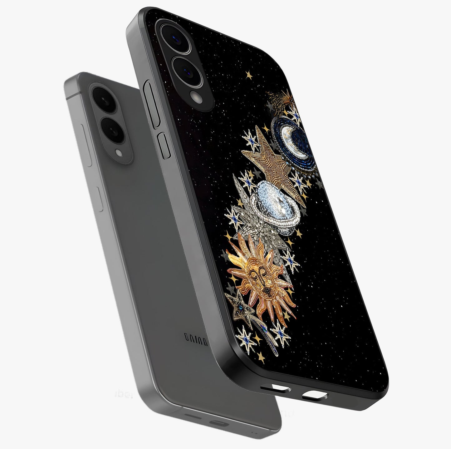Pearls Universe Object Glass Case displayed in angled mockup highlighting celestial pearl design with dreamy aesthetic.