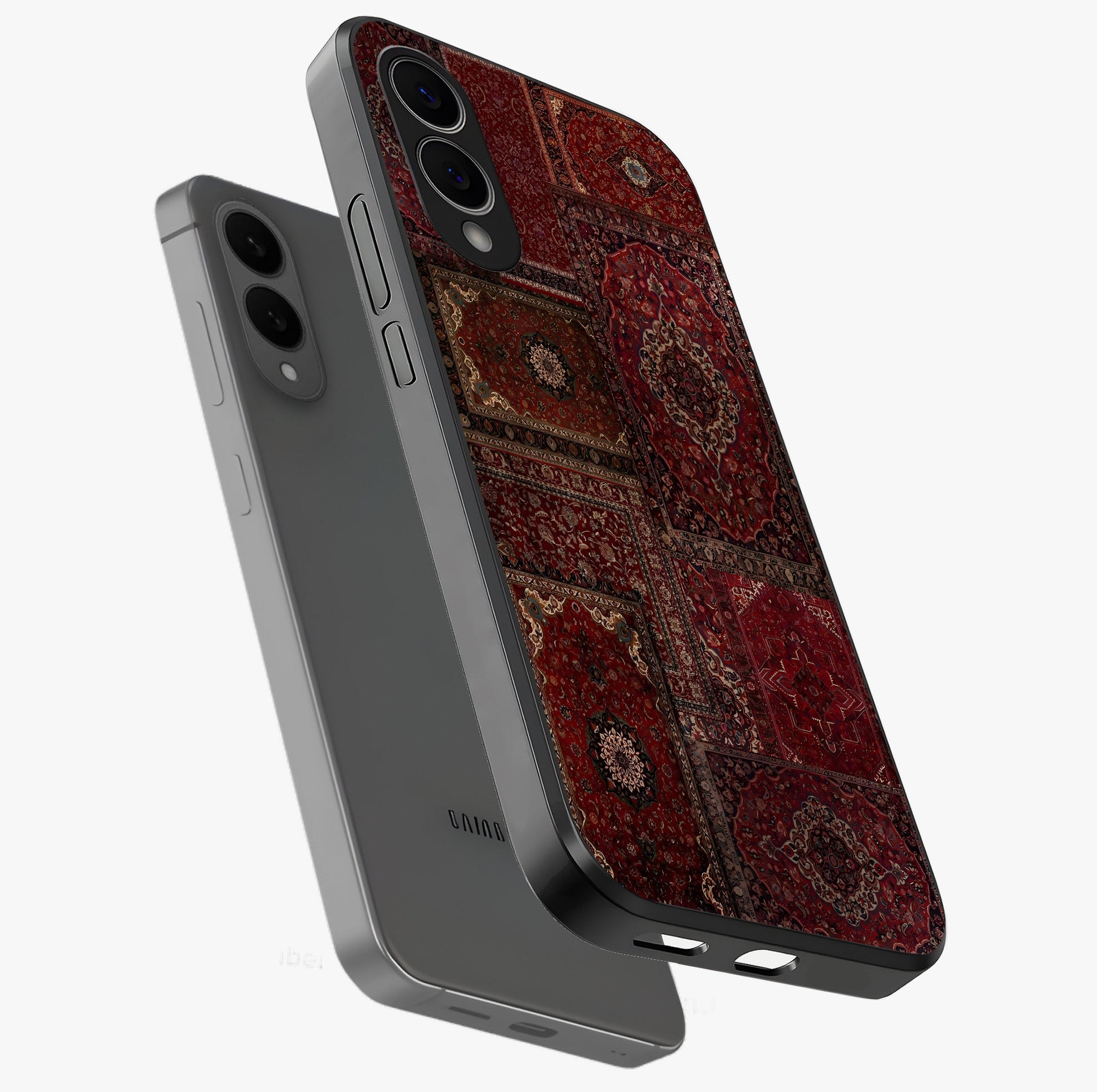 Persian Velvet Tale Glass Case displayed in angled mockup highlighting ornate textile inspired design with royal aesthetic.