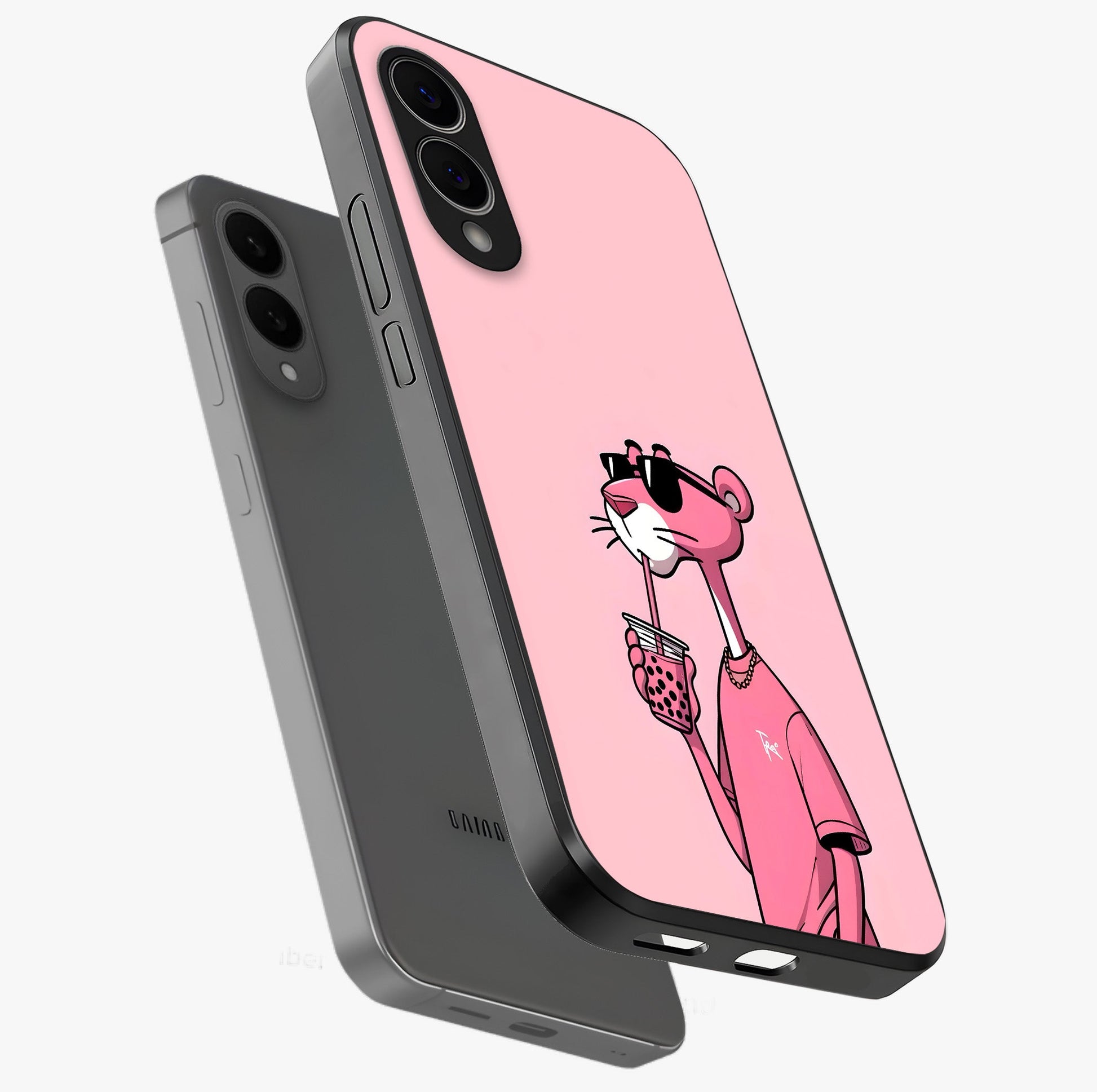 Pink Panther Glass Case displayed in angled mockup highlighting playful cartoon character design with vibrant pink aesthetic.