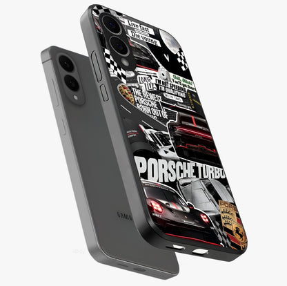Porsche Racing Collage Glass Case displayed in angled mockup highlighting dynamic automotive design with bold racing aesthetic.
