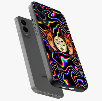 Psychedelic Sun Glass Case displayed in angled mockup highlighting vibrant abstract sun design with artistic aesthetic style.