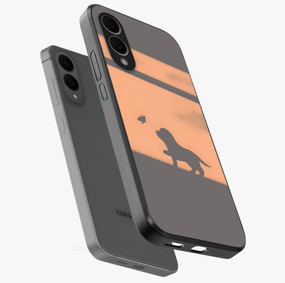 Puppy Shadow Art Glass Case displayed in angled mockup highlighting playful dog illustration with artistic shadow aesthetic.