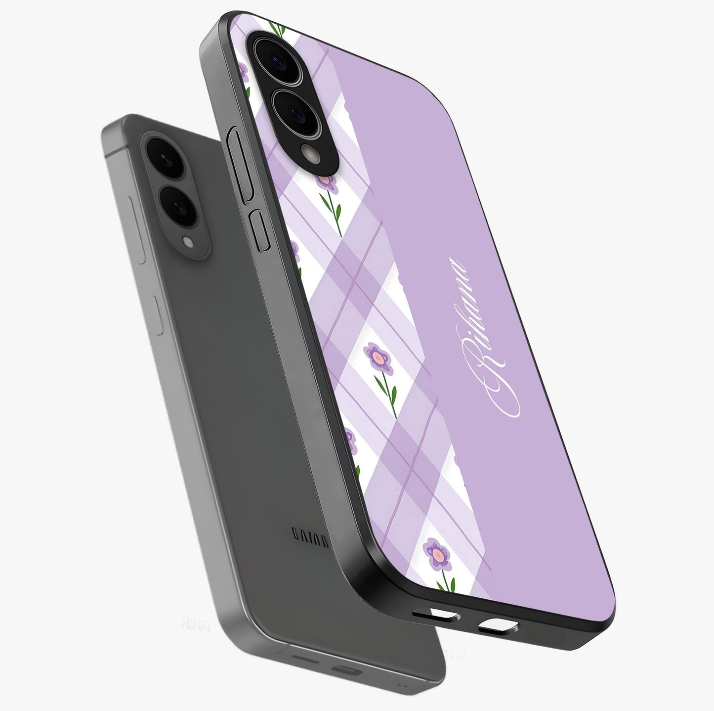 Purple Diamond Floral Glass Case displayed in angled mockup highlighting elegant purple flower design with decorative pattern.