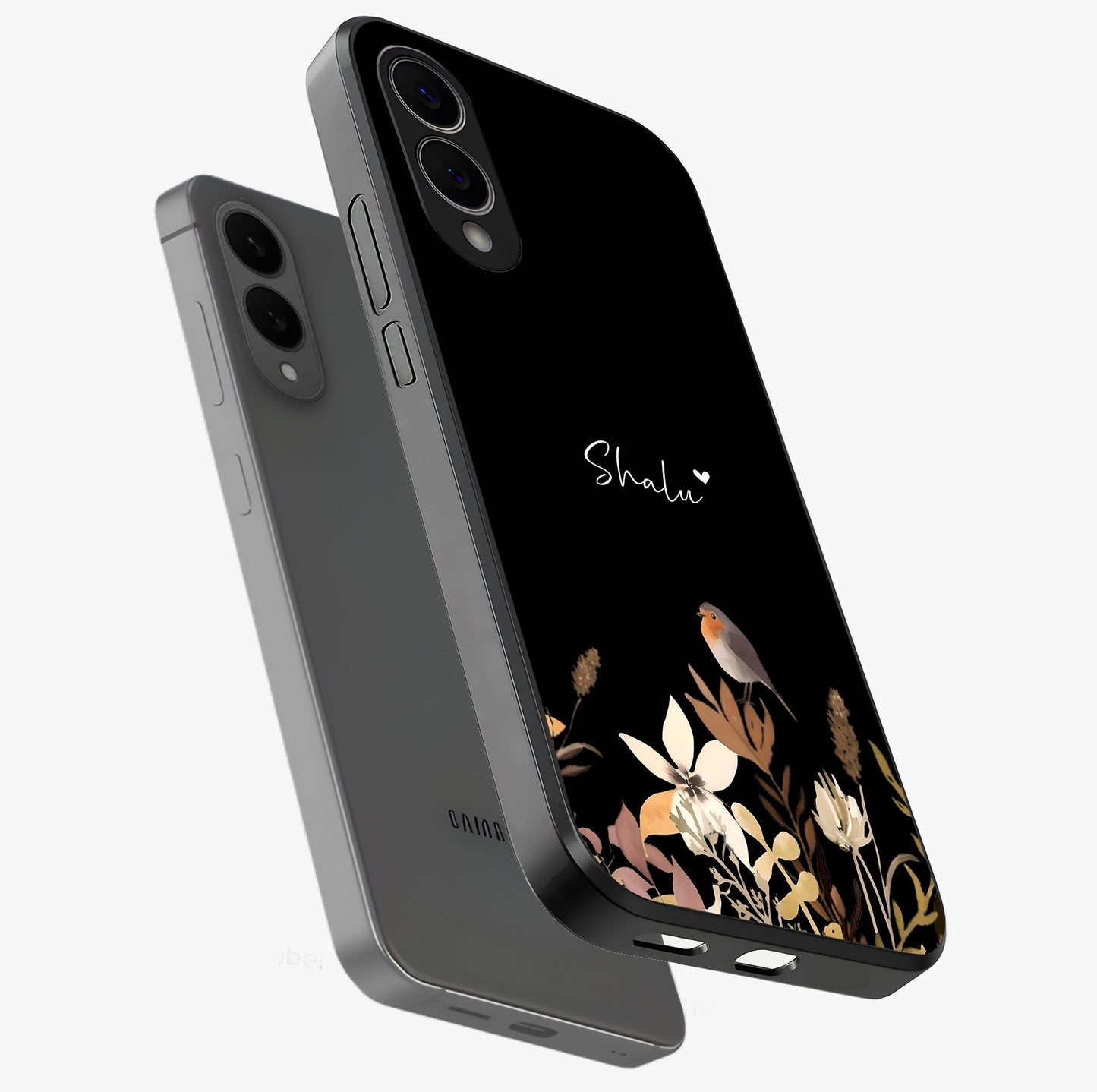 Quiet Garden Tune Custom Name Glass Case displayed in angled mockup highlighting delicate floral garden design with custom name feature.