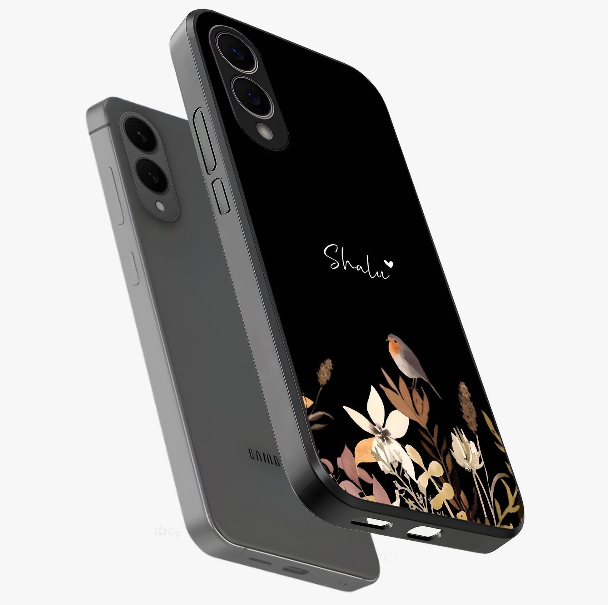 Quiet Garden Tune Custom Name Glass Case displayed in angled mockup highlighting delicate floral garden design with custom name feature.