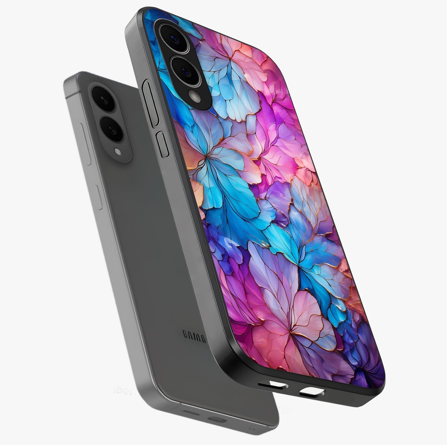 Radiant Floral Whirl Glass Case displayed in angled mockup highlighting vibrant flower pattern with dynamic artistic aesthetic.