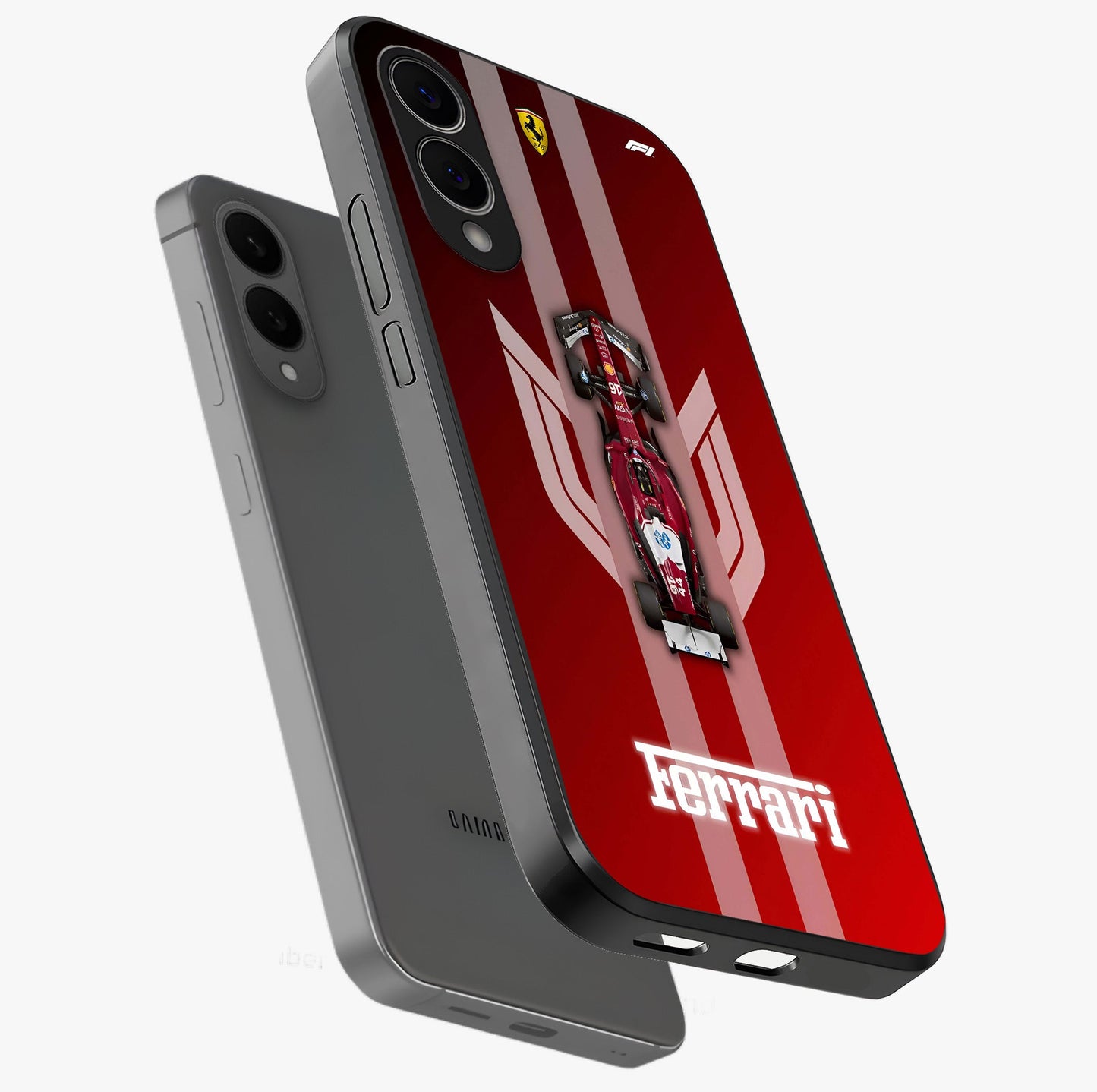 Red Ferrari F1 Vertical Glass Case displayed in angled mockup highlighting high speed racing design with bold automotive aesthetic.