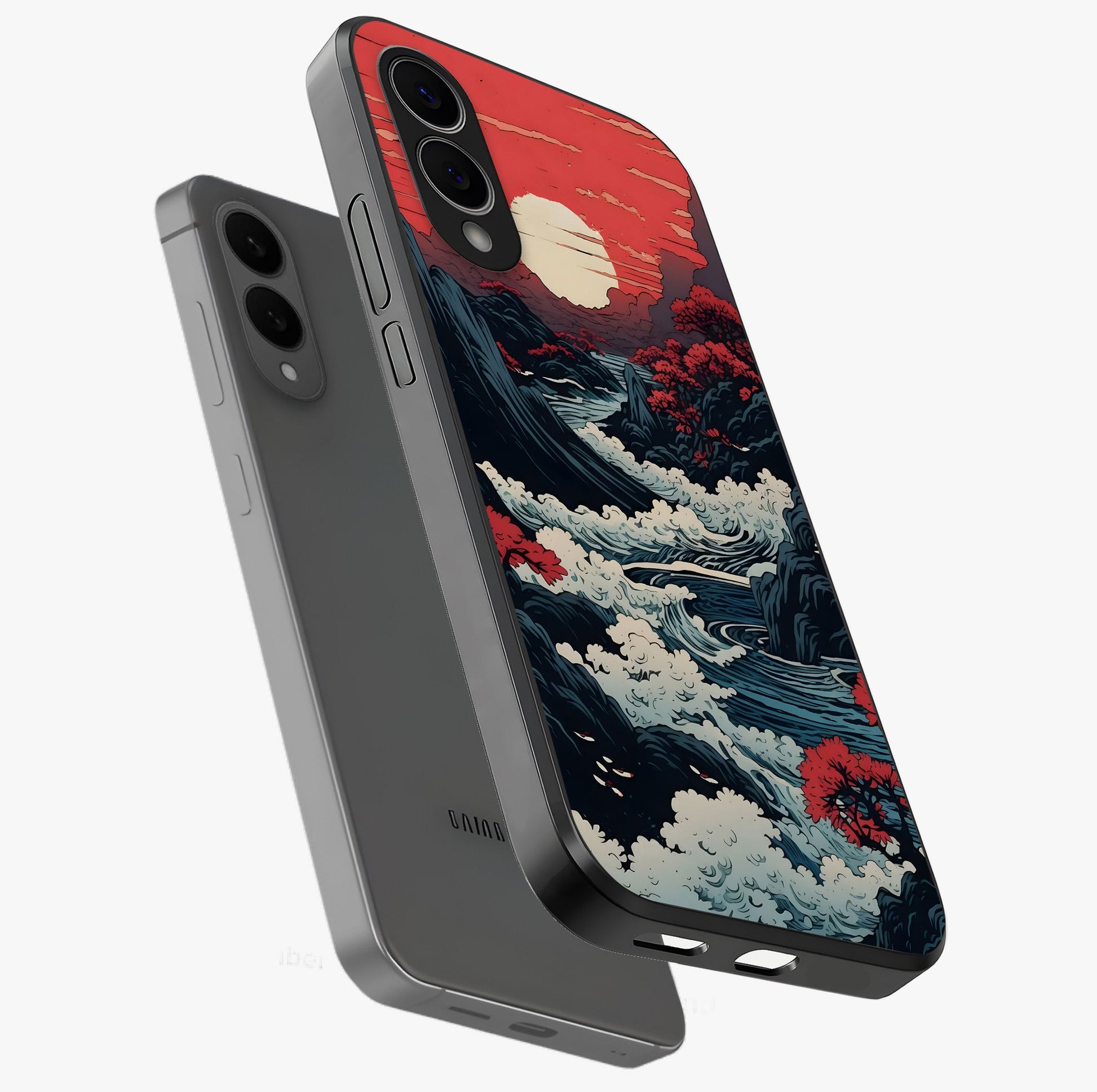 Red Sunset Scenery Glass Case displayed in angled mockup highlighting glowing sunset sky design with scenic aesthetic.