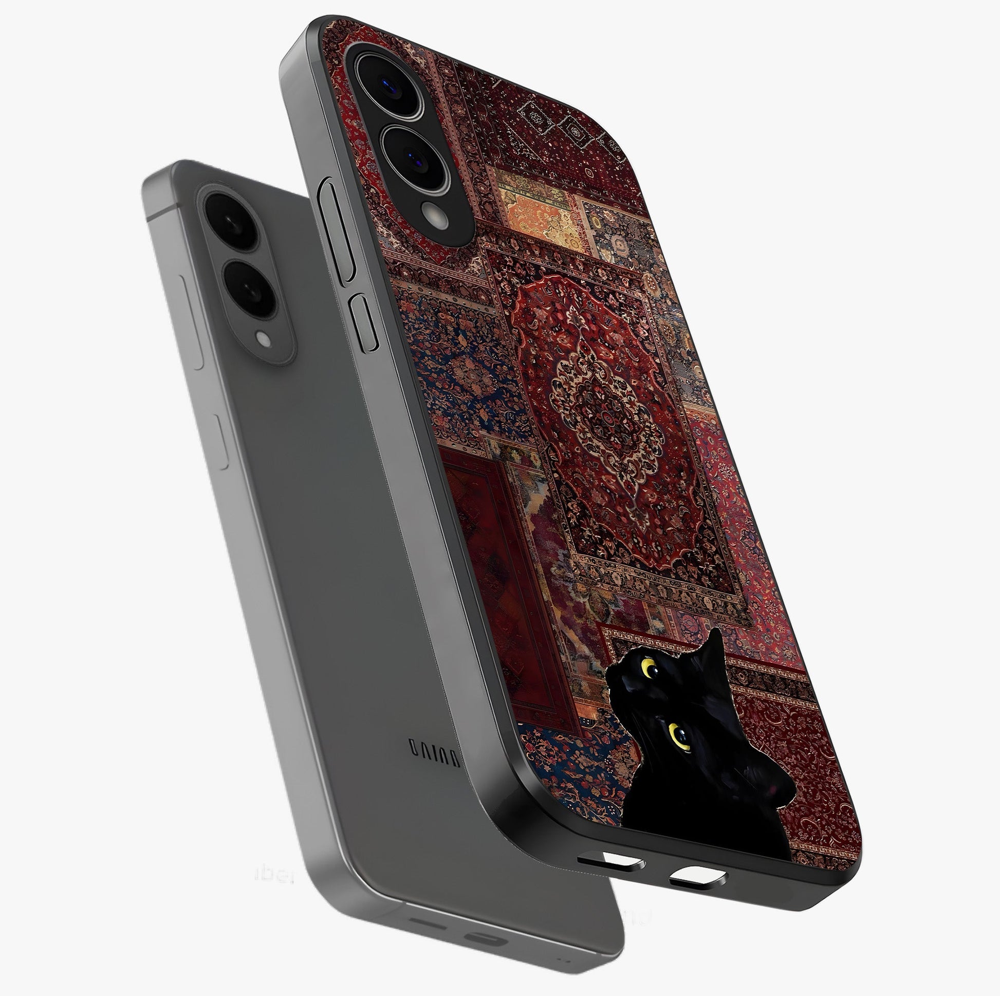 Regal Magic Cat Apple Glass Case displayed in angled mockup highlighting whimsical feline design with fantasy aesthetic.