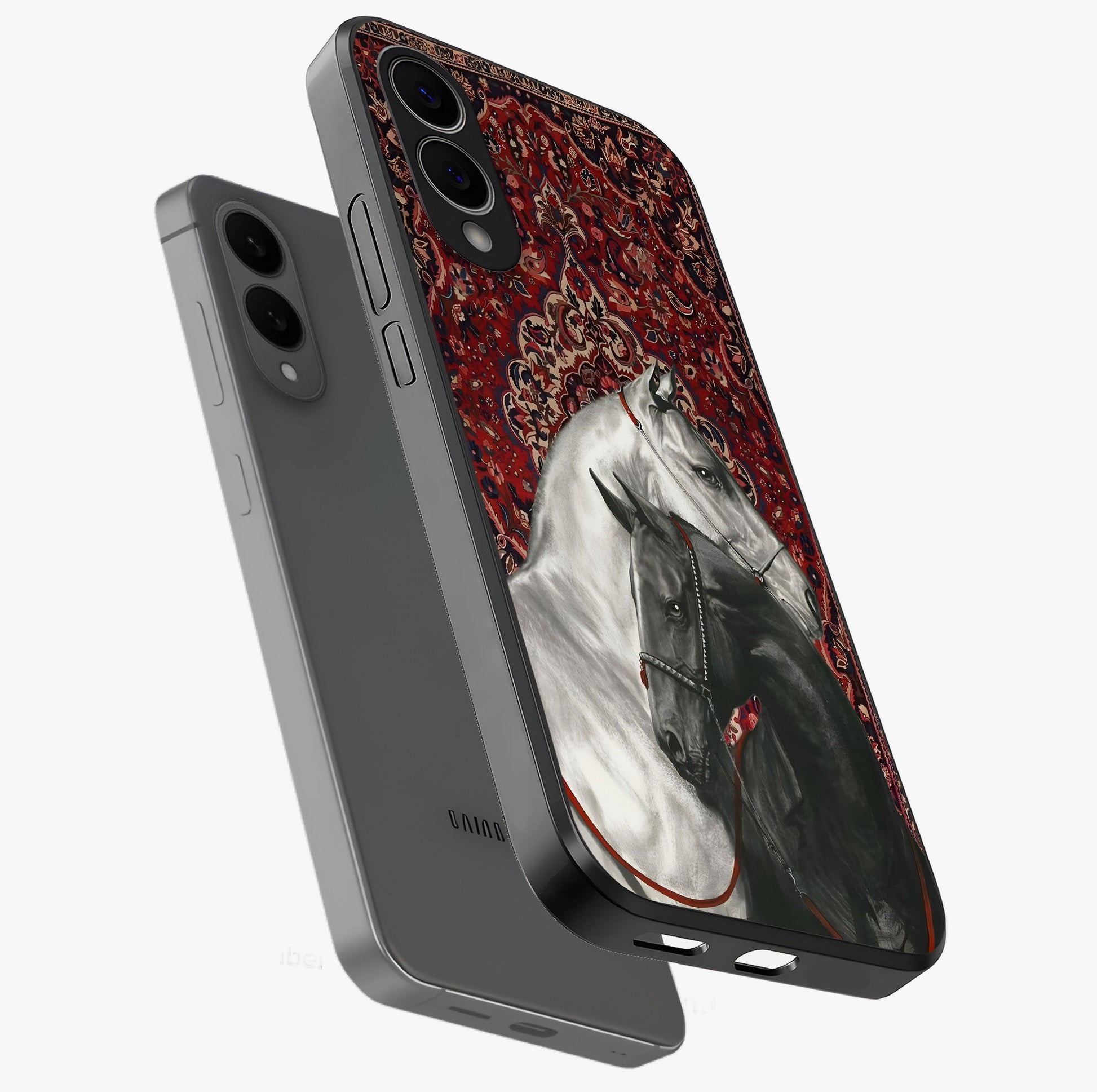 Regal Stallion Tapestry Glass Case displayed in angled mockup highlighting royal stallion design with decorative heritage aesthetic.