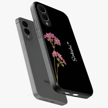 Riching Lavender Flower Custom Name Glass Case displayed in angled mockup highlighting delicate lavender flower design with custom name feature.
