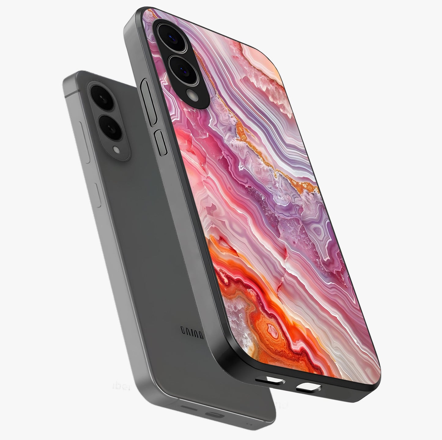 Rose Quartz Marble Glass Case displayed in angled mockup highlighting elegant marble pattern with soft aesthetic style.