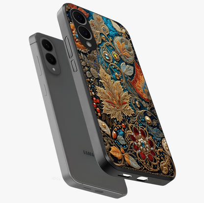 Royal Jewel Garden Glass Case displayed in angled mockup highlighting vibrant jewel inspired floral design with elegant aesthetic.