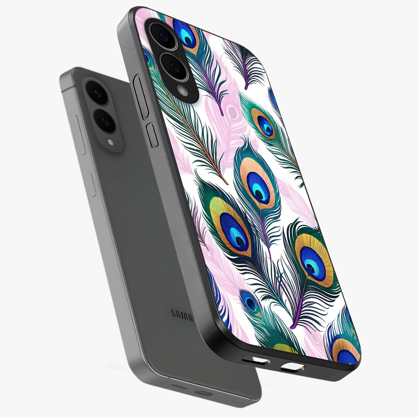 Royal Peacock Feathers Glass Case displayed in angled mockup highlighting vibrant feather pattern with regal aesthetic style.