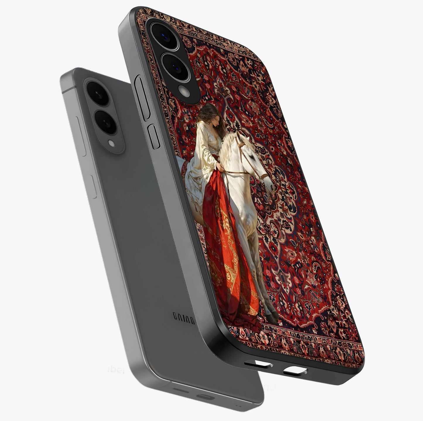 Royal Rider Tapestry Glass Case displayed in angled mockup highlighting traditional tapestry design with royal heritage aesthetic.
