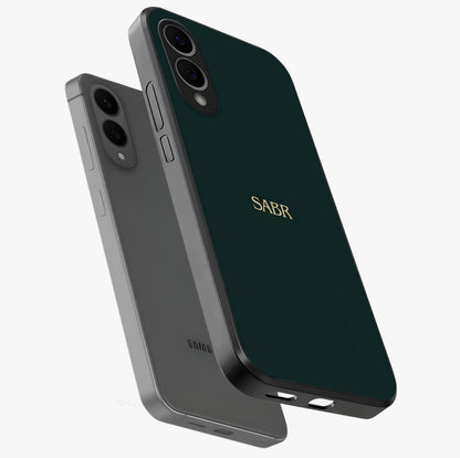 Sabr Minimal Patience Glass Case displayed in angled mockup highlighting simple inspirational design with clean aesthetic style.