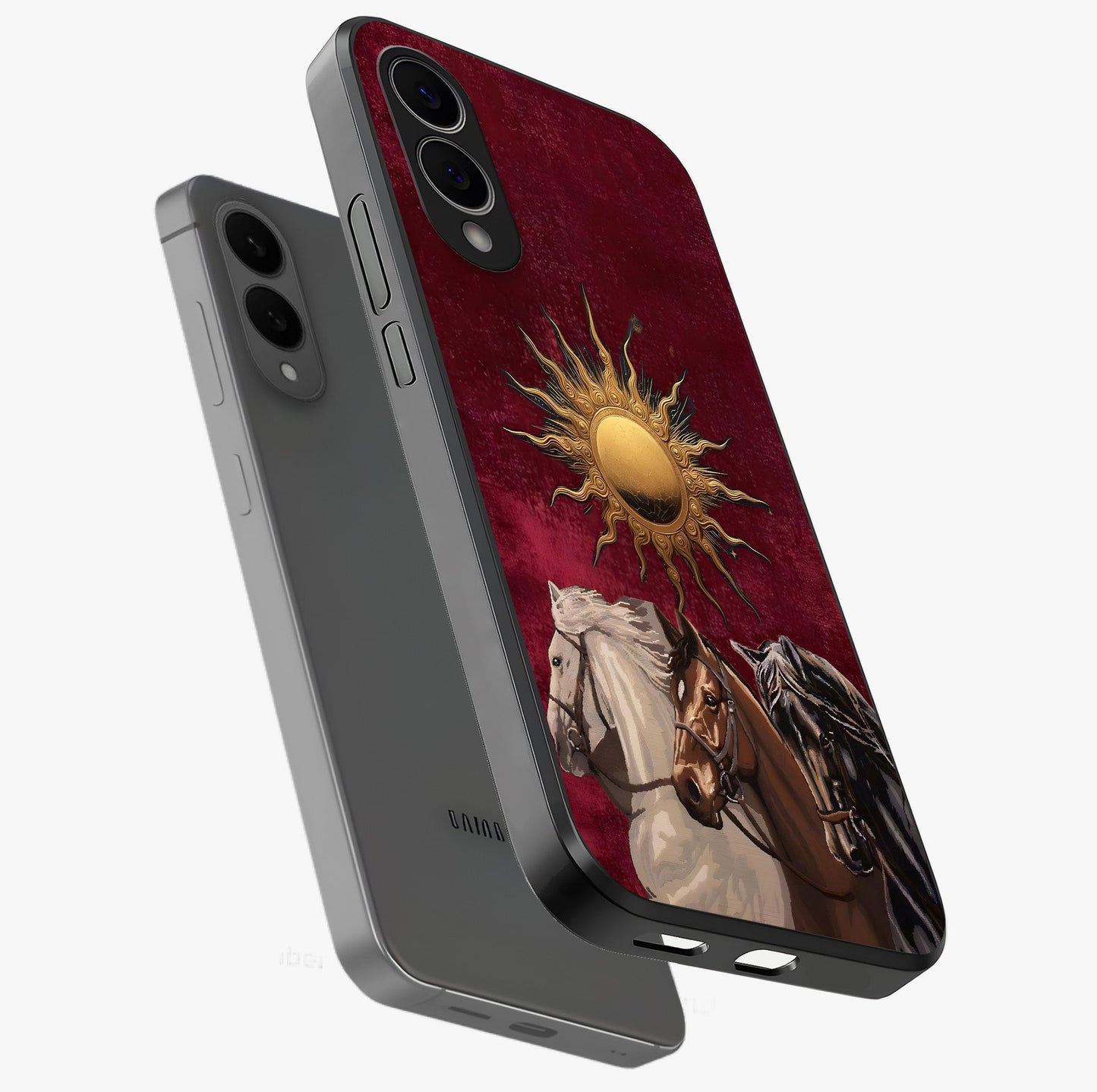 Solar Riders Glass Case displayed in angled mockup highlighting powerful rider illustration with radiant solar aesthetic.