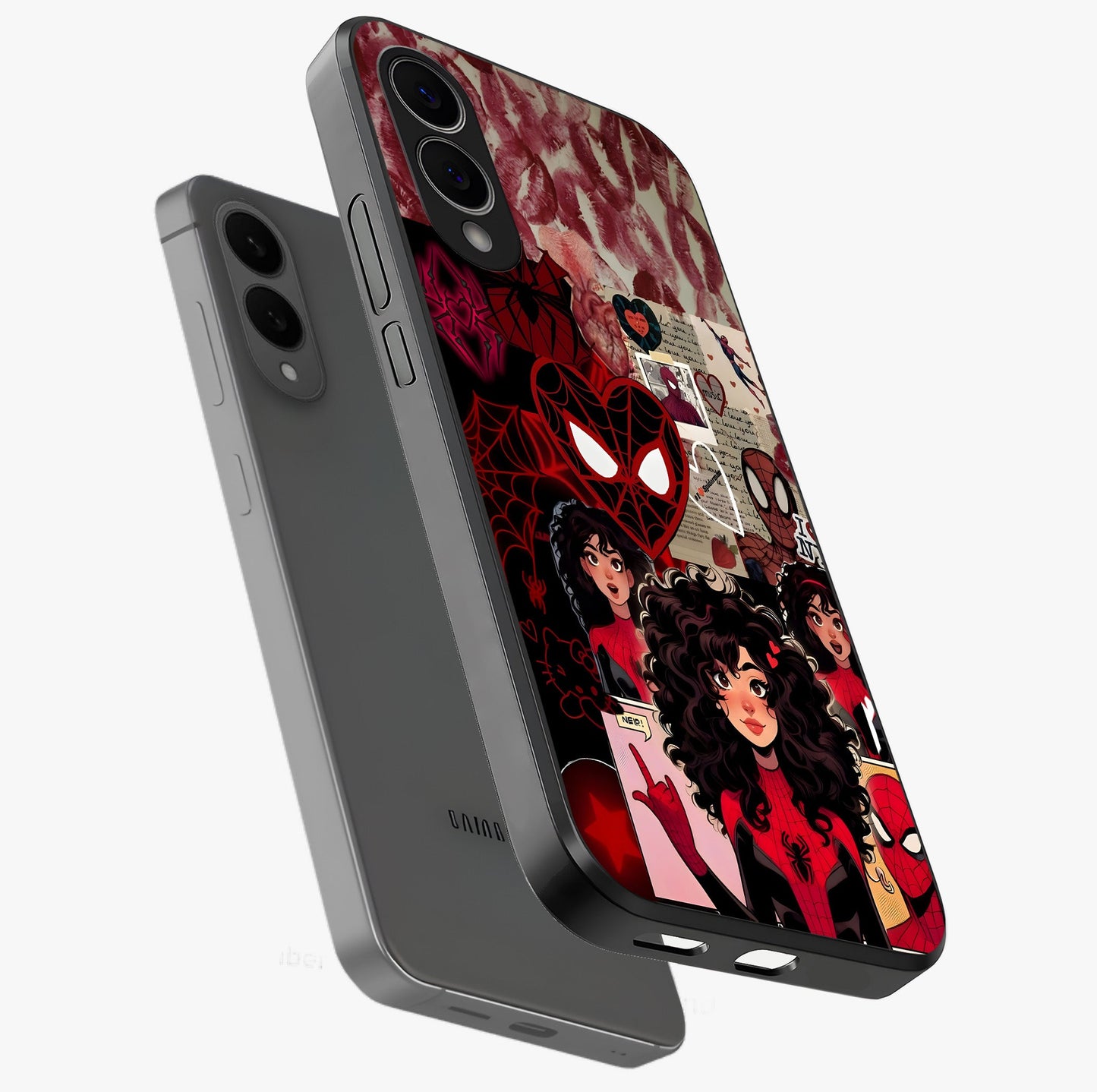 Spider Love Story Glass Case displayed in angled mockup highlighting expressive comic inspired design with playful aesthetic.