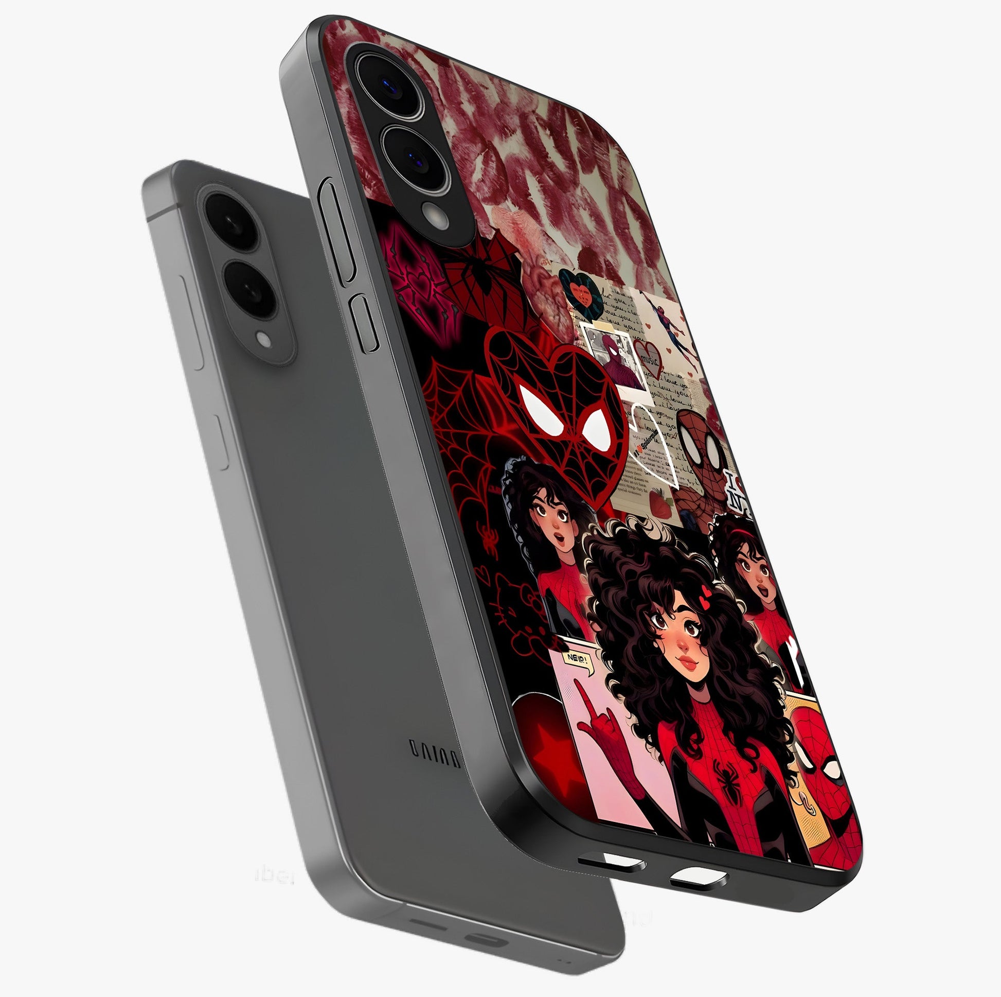 Spider Love Story Glass Case displayed in angled mockup highlighting expressive comic inspired design with playful aesthetic.