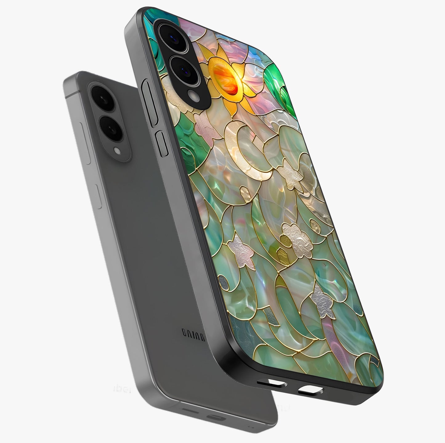 Stained Sunrise Glow Glass Case displayed in angled mockup highlighting radiant sunrise design with artistic aesthetic style.