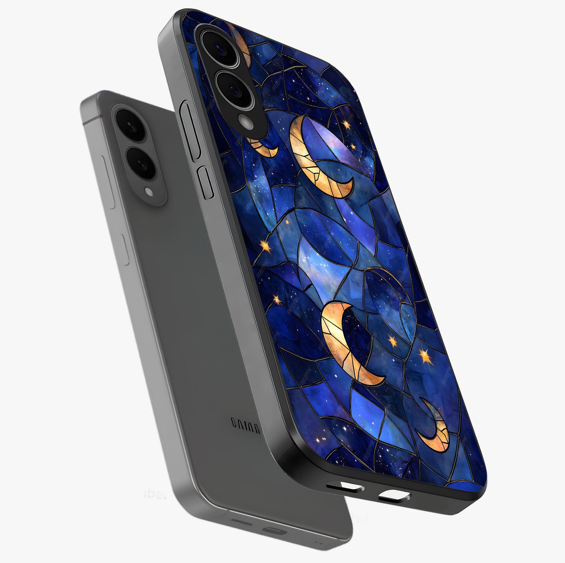 Starlit Sky Tapestry Glass Case displayed in angled mockup highlighting celestial night pattern with artistic aesthetic style.