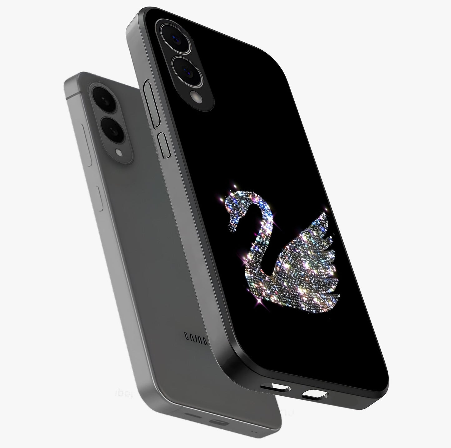 Starlit Swan Grace Glass Case displayed in angled mockup highlighting elegant swan illustration with dreamy celestial aesthetic.