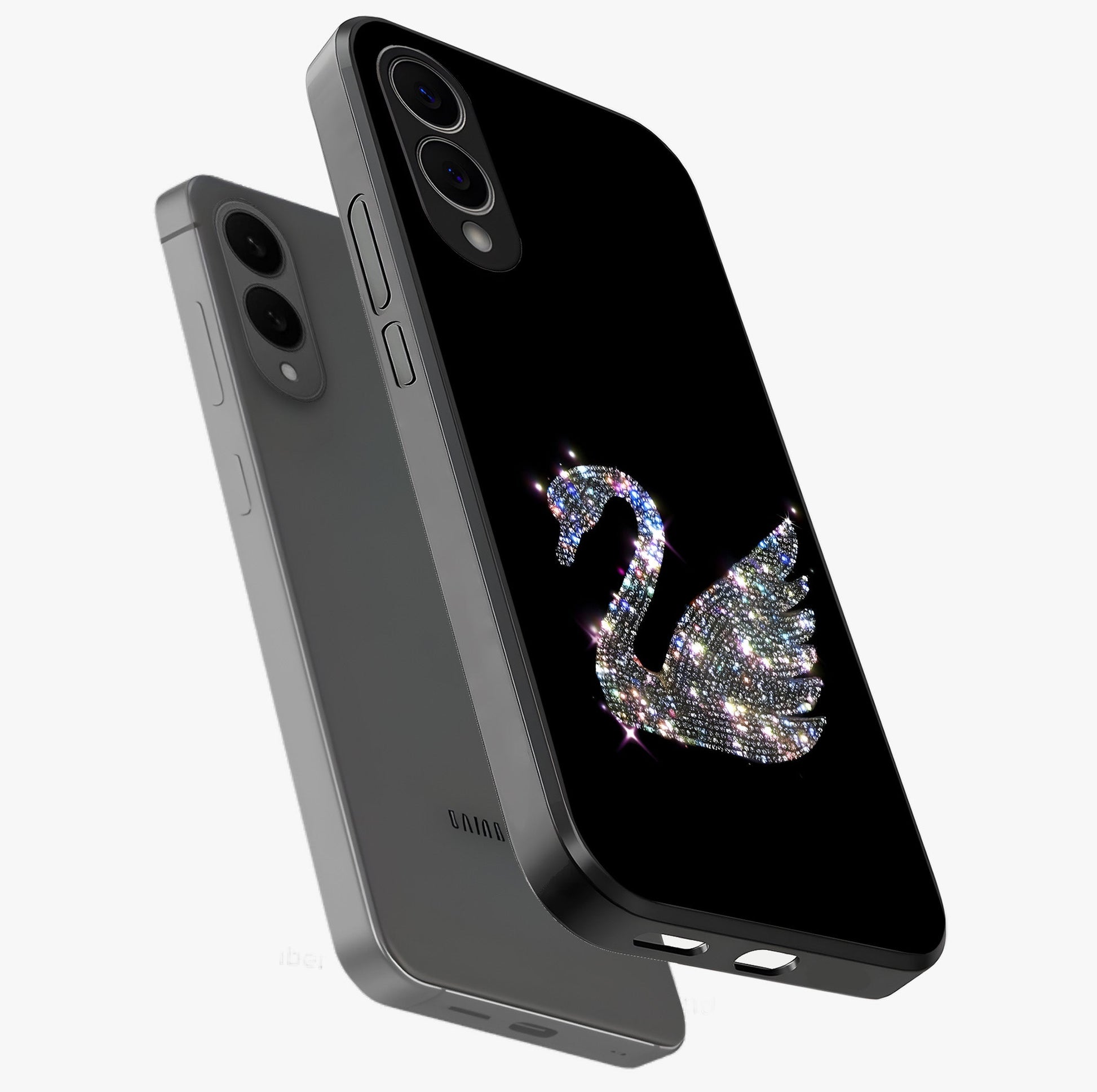 Starlit Swan Grace Glass Case displayed in angled mockup highlighting elegant swan illustration with dreamy celestial aesthetic.
