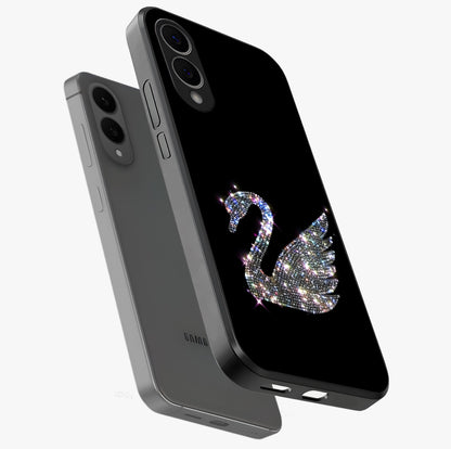 Starlit Swan Grace Glass Case displayed in angled mockup highlighting elegant swan illustration with dreamy celestial aesthetic.