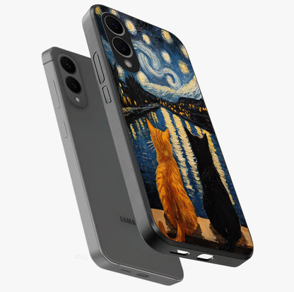 Starry River Cats Glass Case displayed in angled mockup highlighting charming feline illustration with dreamy night aesthetic.