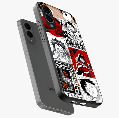Strawhat Chaos Panels Glass Case displayed in angled mockup highlighting vibrant anime collage design with action aesthetic.