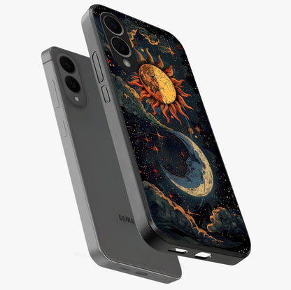 Sun And Moon Magic Design Glass Case displayed in angled mockup highlighting celestial design with magical cosmic aesthetic.