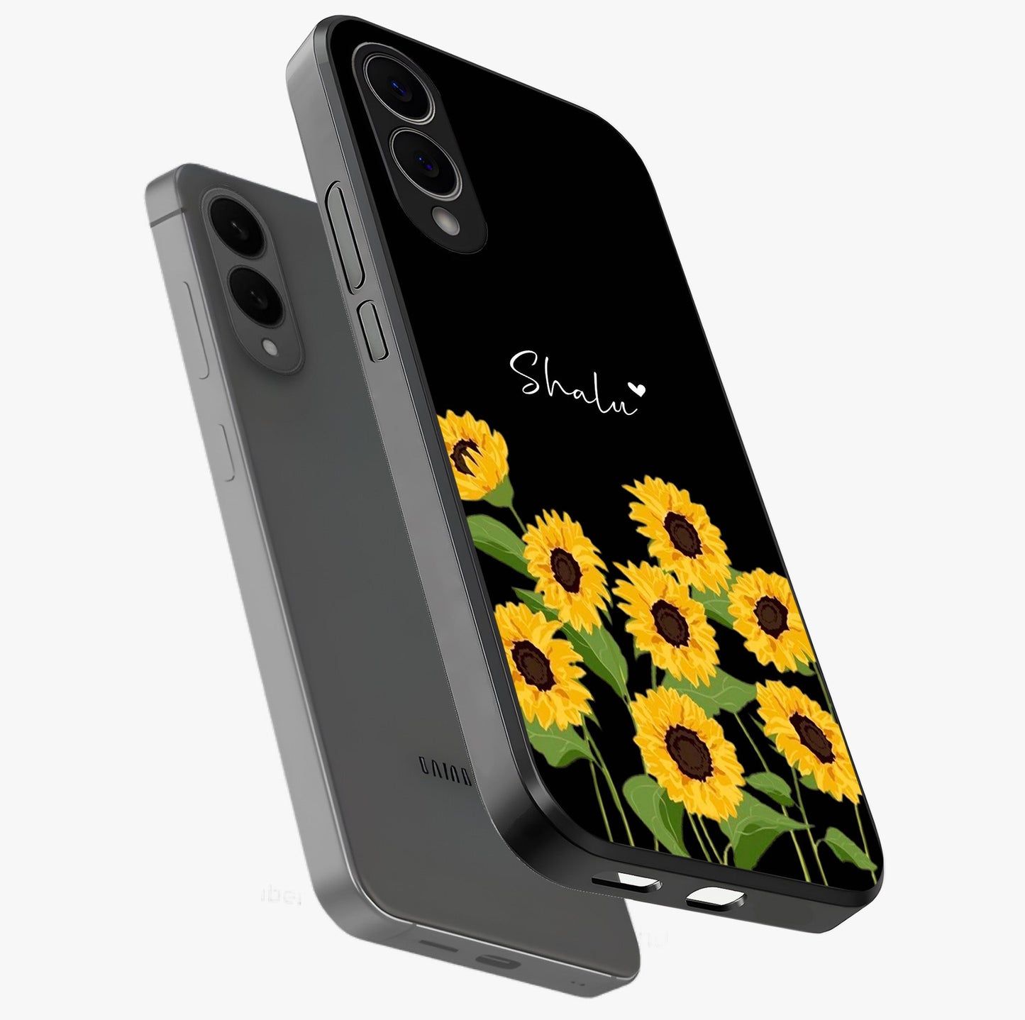 Sunflower Chic Mood Custom Name Glass Case displayed in angled mockup highlighting vibrant sunflower design with custom name feature.