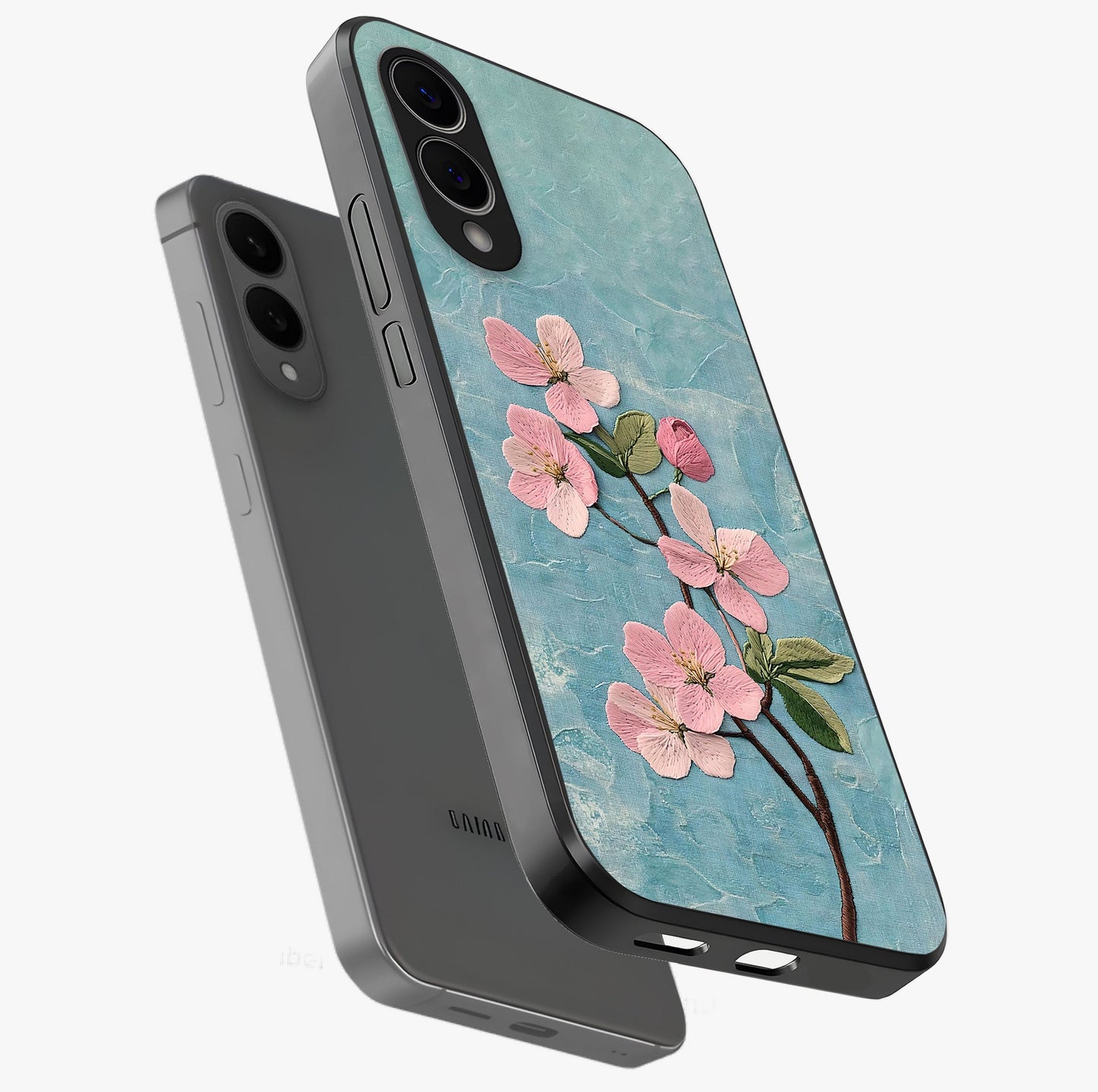 Threaded Blossom Breeze Glass Case displayed in angled mockup highlighting elegant floral design with soft aesthetic style.
