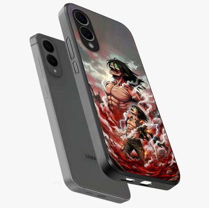 Titan Awakening Fury Glass Case displayed in angled mockup highlighting dramatic giant warrior design with bold anime aesthetic.