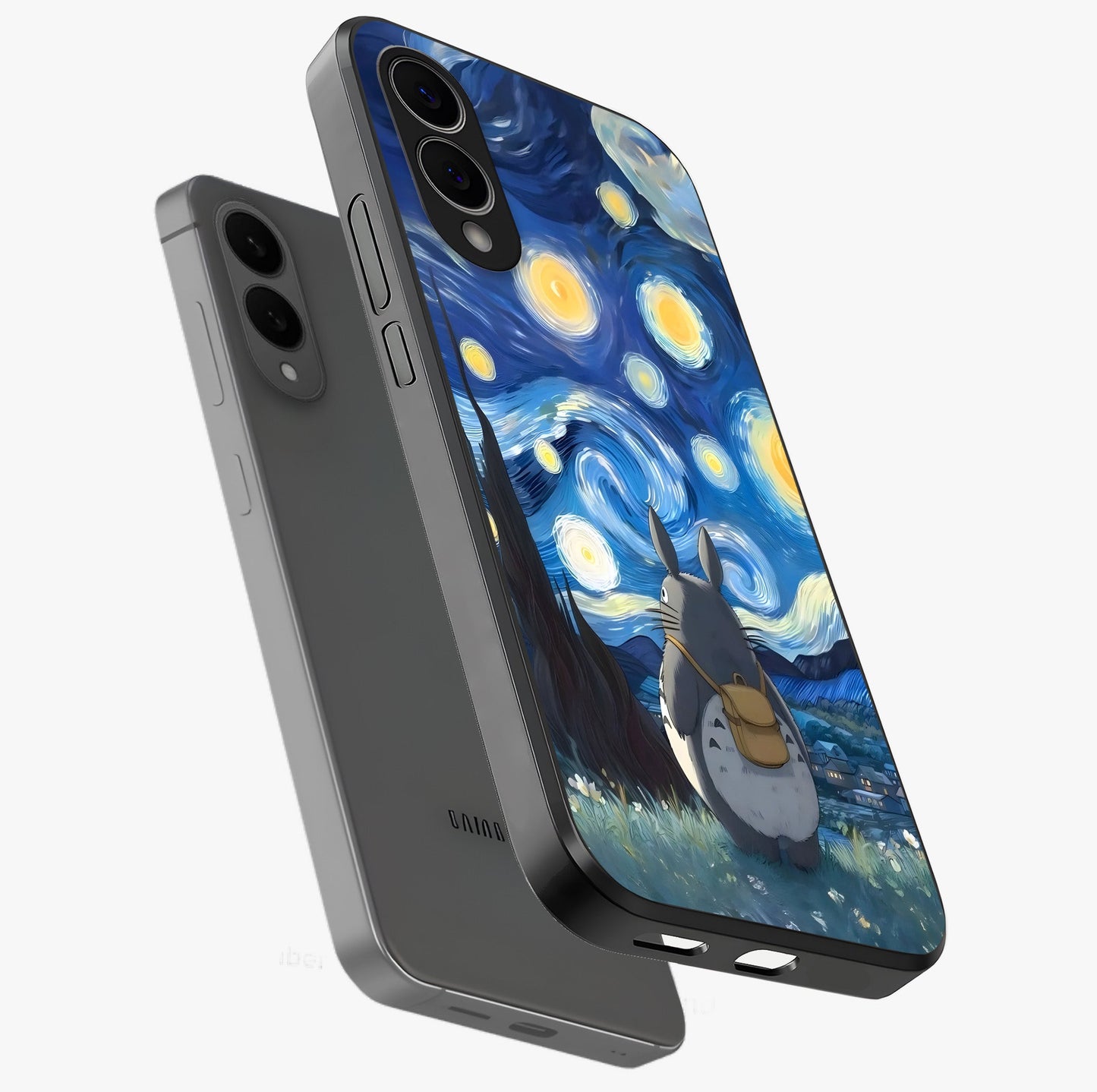 Totoro In Van Gogh Art Glass Case displayed in angled mockup highlighting artistic swirling sky design with playful animation aesthetic.
