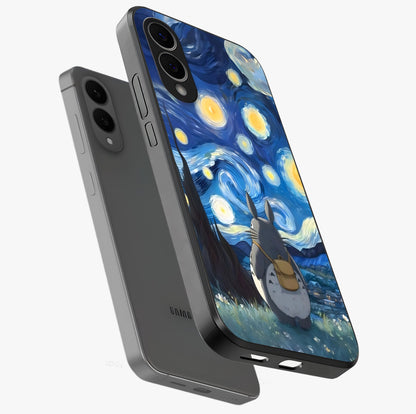 Totoro In Van Gogh Art Glass Case displayed in angled mockup highlighting artistic swirling sky design with playful animation aesthetic.