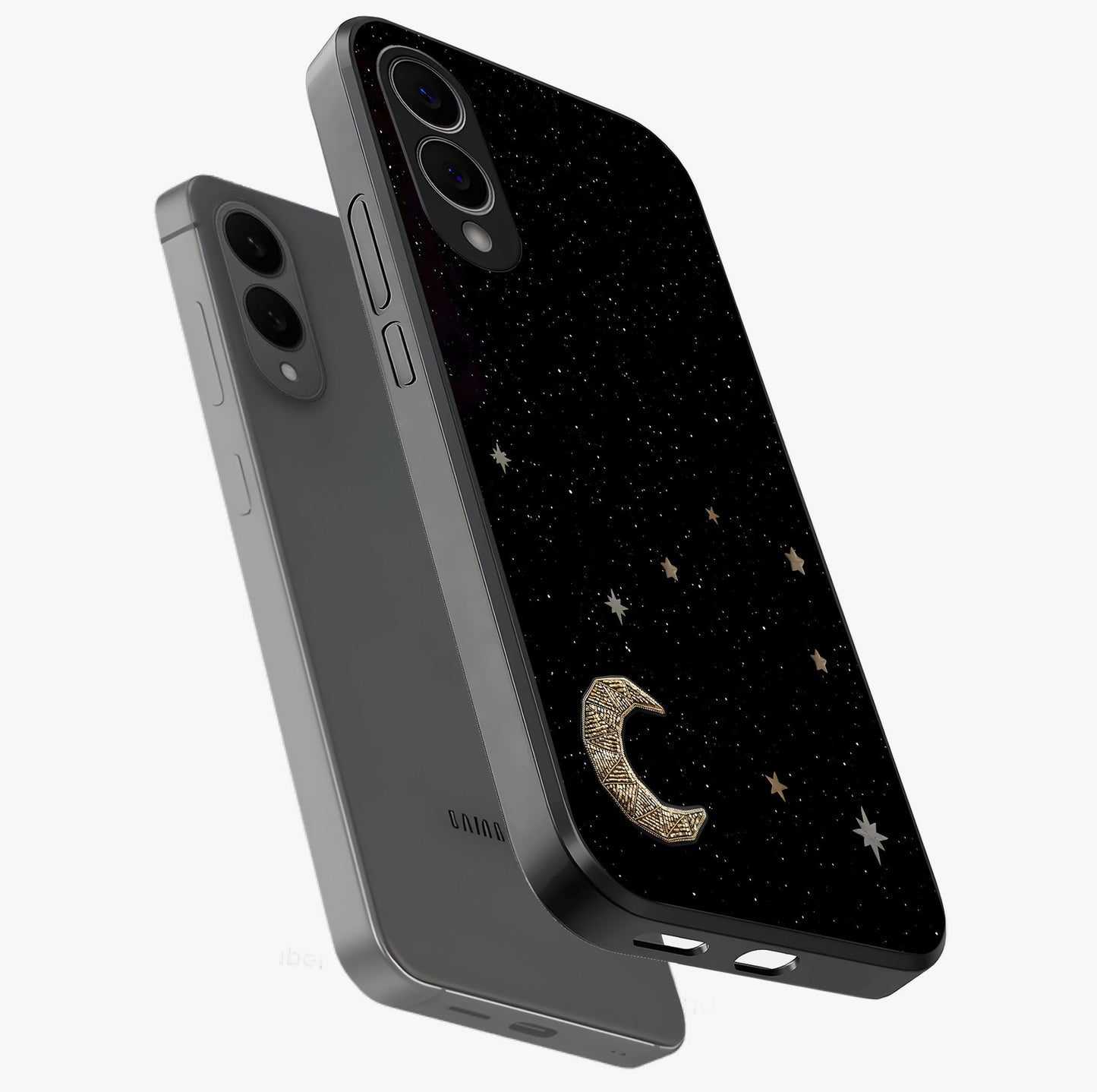 Twinkle Star With Half Moon Glass Case displayed in angled mockup highlighting celestial moon and star design with magical aesthetic.