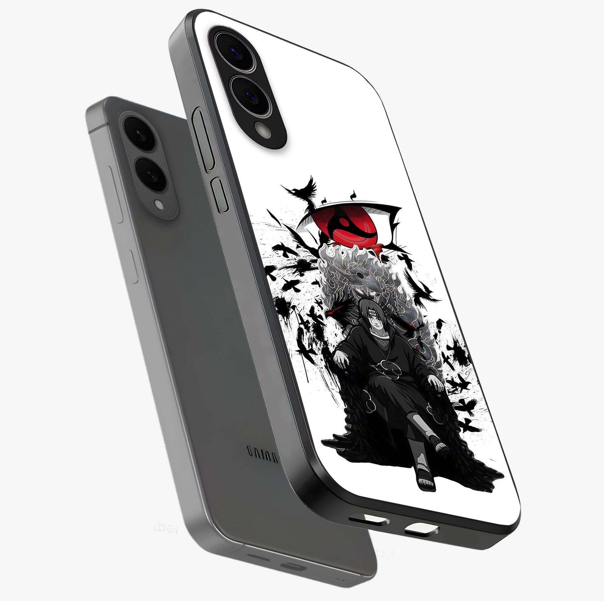 Uchiha Shadow Throne Glass Case displayed in angled mockup highlighting glowing aquatic design with celestial aesthetic.