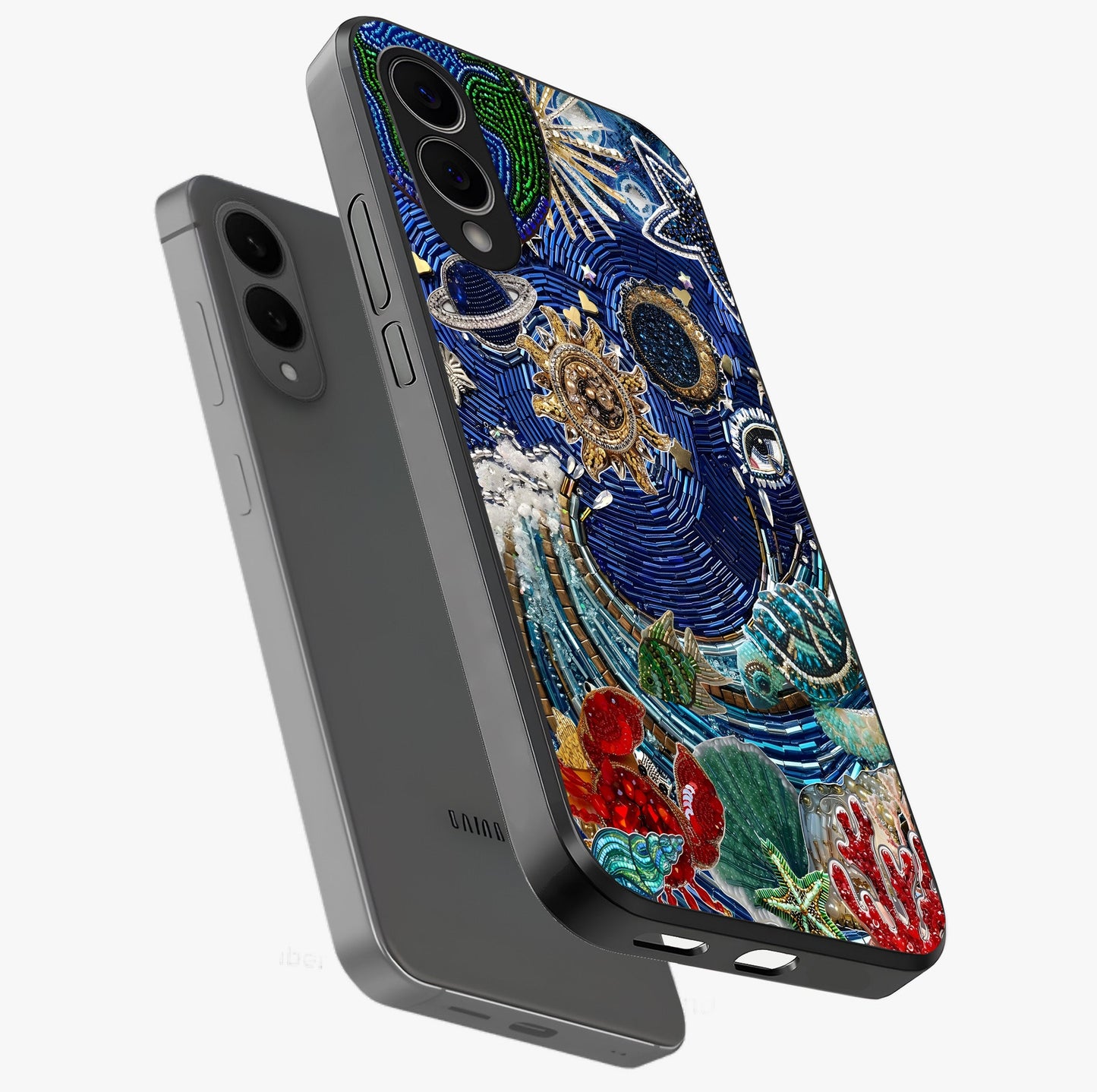 Universe Underwater Spark Glass Case displayed in angled mockup highlighting glowing aquatic design with celestial aesthetic.