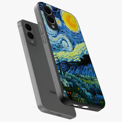Van Gogh Art Glass Case displayed in angled mockup highlighting swirling brushstroke design with artistic aesthetic.