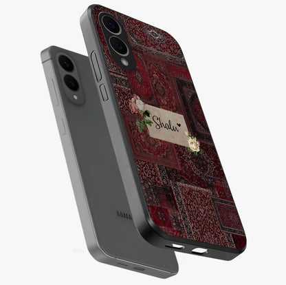 Velvet Wine Pattern Custom Name Glass Case displayed in angled mockup highlighting decorative velvet inspired design with custom name feature.