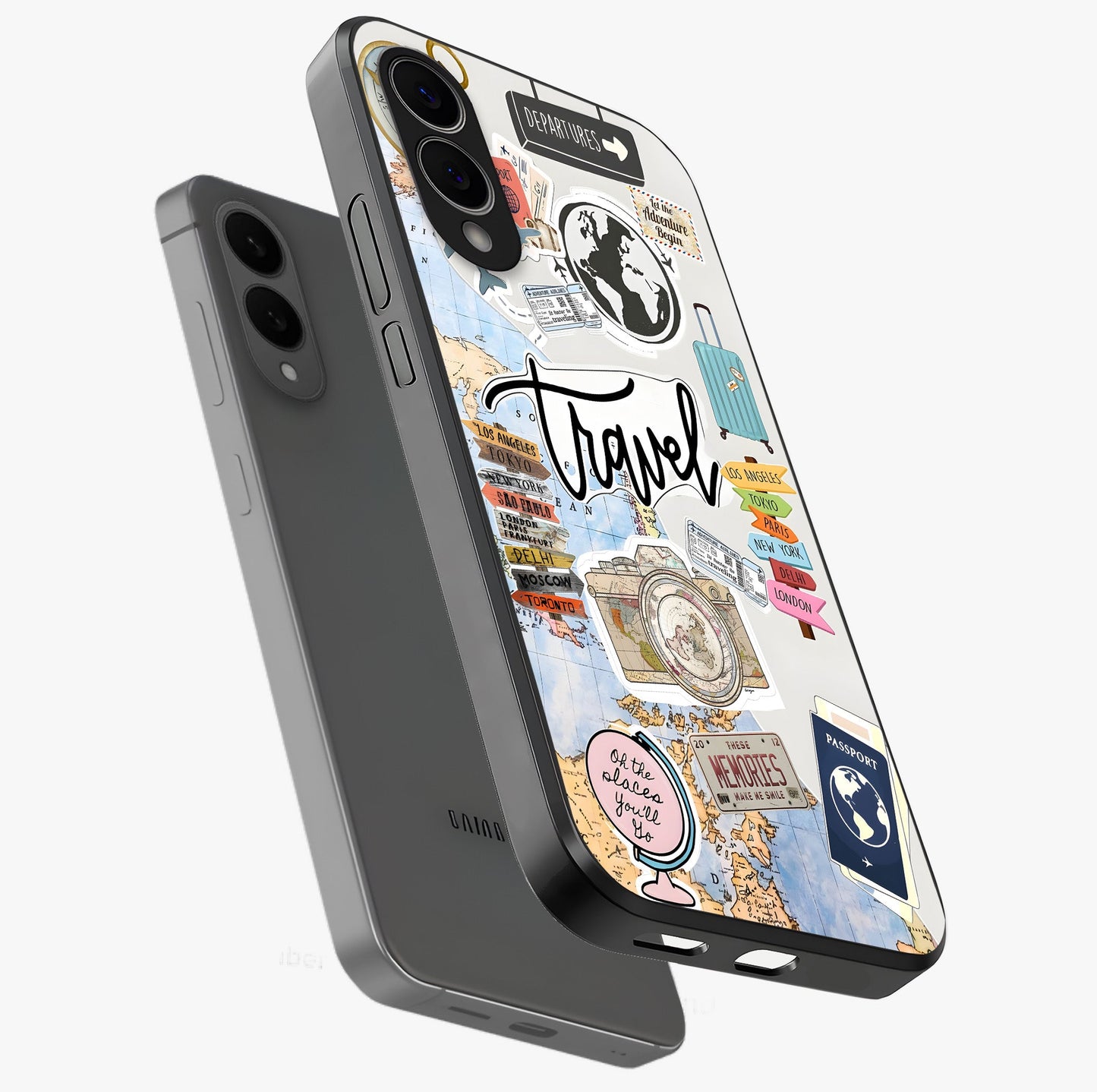 Wanderlust Journal Glass Case displayed in angled mockup highlighting adventure themed design with aesthetic travel vibe.