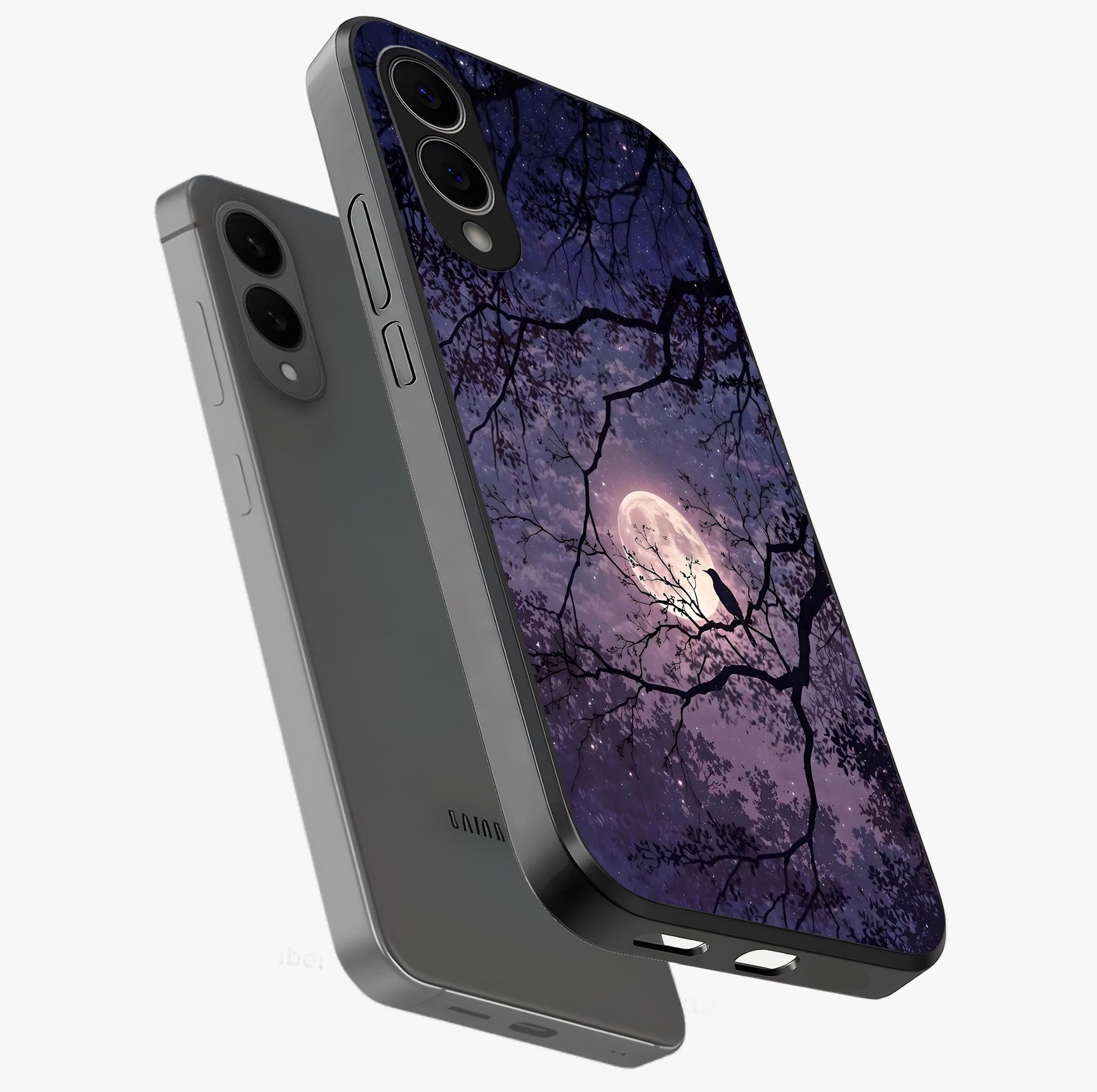 Whispering Moon Silence Glass Case displayed in angled mockup highlighting calm lunar design with dreamy night aesthetic.