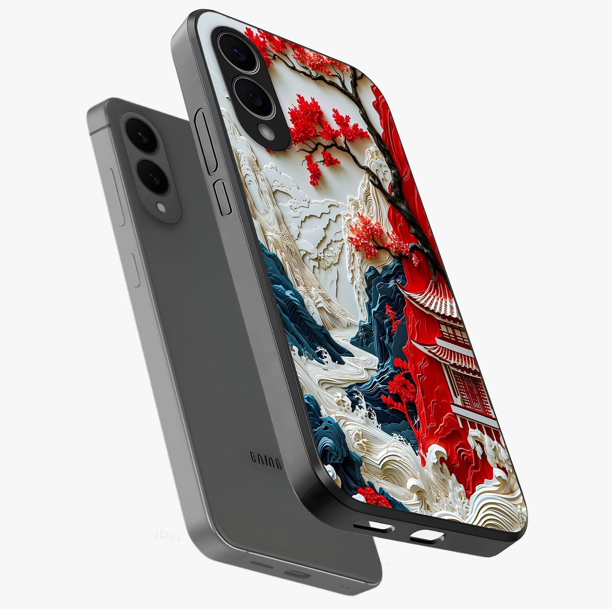 Whispers Of Sakura Waves Glass Case displayed in angled mockup highlighting flowing sakura design with soft floral aesthetic.