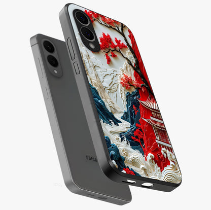 Whispers Of Sakura Waves Glass Case displayed in angled mockup highlighting flowing sakura design with soft floral aesthetic.